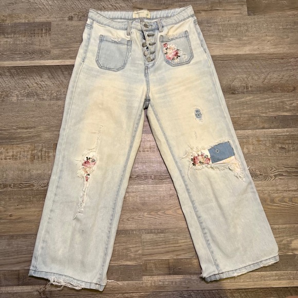 Ban Jara Denim - Ban Jara‎ Womens Distressed Floral Patch Wide Leg Crop Jeans Size 7/27